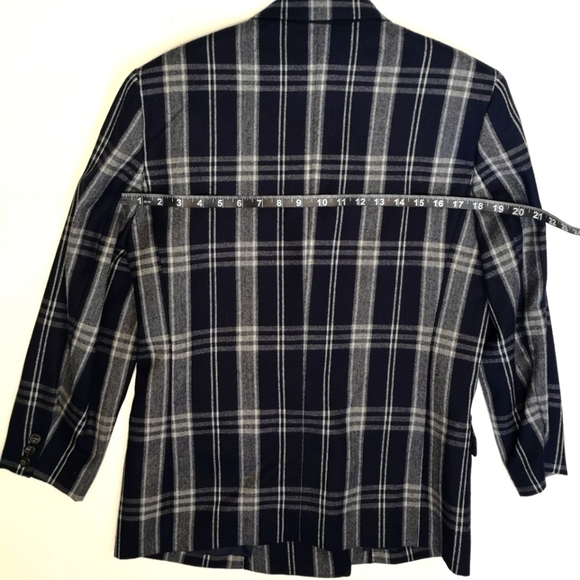 80s vintage window pane plaid oversized double-breasted NAVY/WHITE wool jacket - Picture 10 of 15
